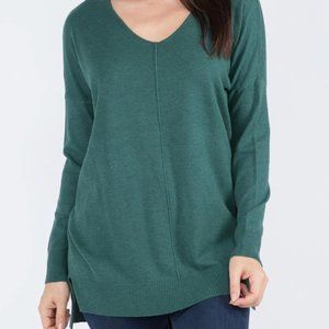 Last One Dreamers by Debut Green V Neck Front Seam Sweater